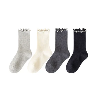 Girls' New Spring And Autumn Mid-Calf Socks with Pearl Ruffles, Sweet Princess Socks for Children and Older Kids