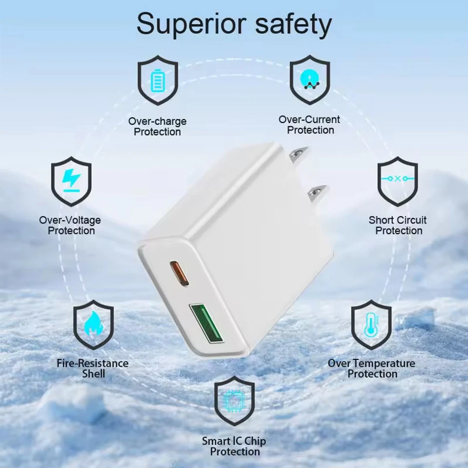 شاحن سريع للهواتف المحمولة، رأس شحن USB، شاحن حائط ثنائي المنافذ من النوع C، شحن سريع 20 واط