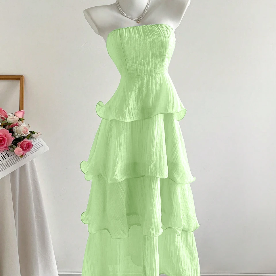 2026 New Summer Hip-Covering Skirt Slimming Look Mid-Length Skirt Cake Skirt Fairy Tube Top Pure Color Lotus Leaf Dress