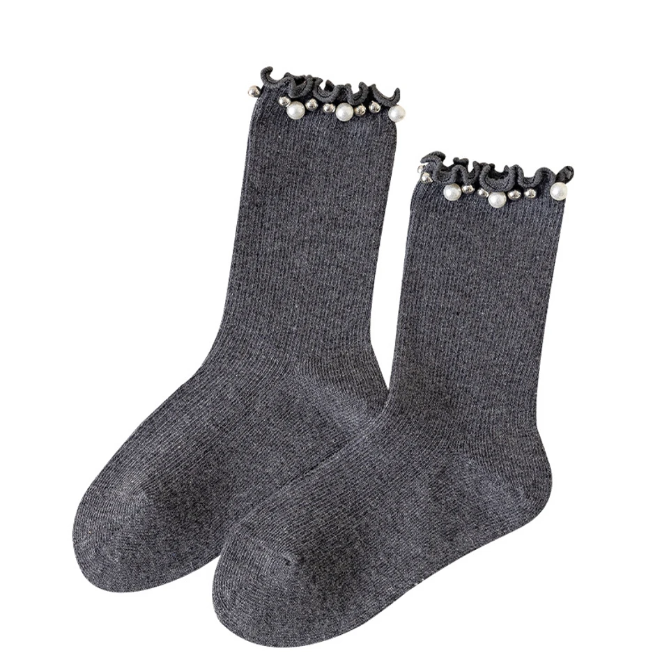 Girls' New Spring And Autumn Mid-Calf Socks with Pearl Ruffles, Sweet Princess Socks for Children and Older Kids