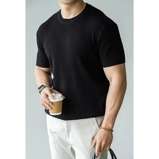 Knitted Short-Sleeve T-Shirt for Men, Round Neck, Ribbed Texture, Old Money Style, Ice Silk Summer Inner Wear