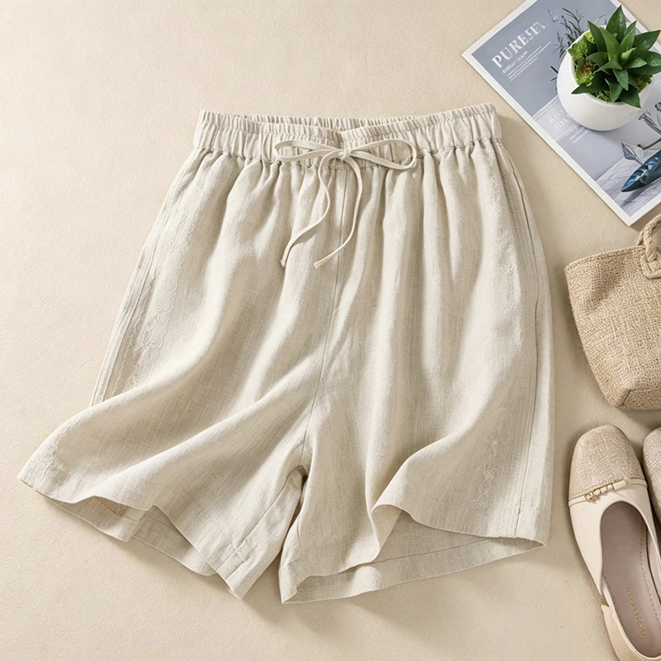 Plus-Size Women's Slimming Casual Pants, Artistic Embroidered High-Waisted Drawstring Loose Cotton-Linen Shorts