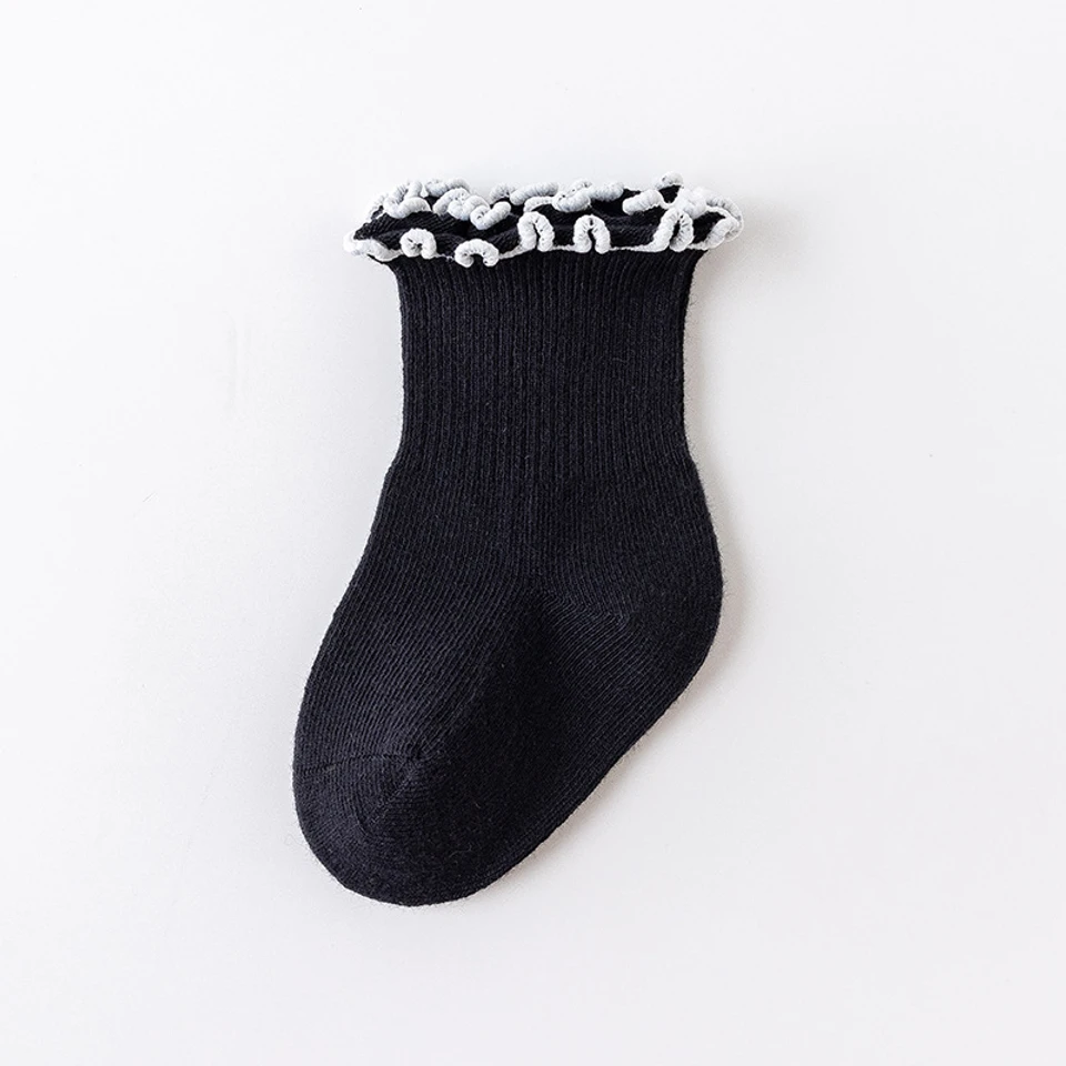 Newborn Infant Baby Girl Children's Combed Cotton Black and White Spring and Autumn Loosen Lace Princess Socks